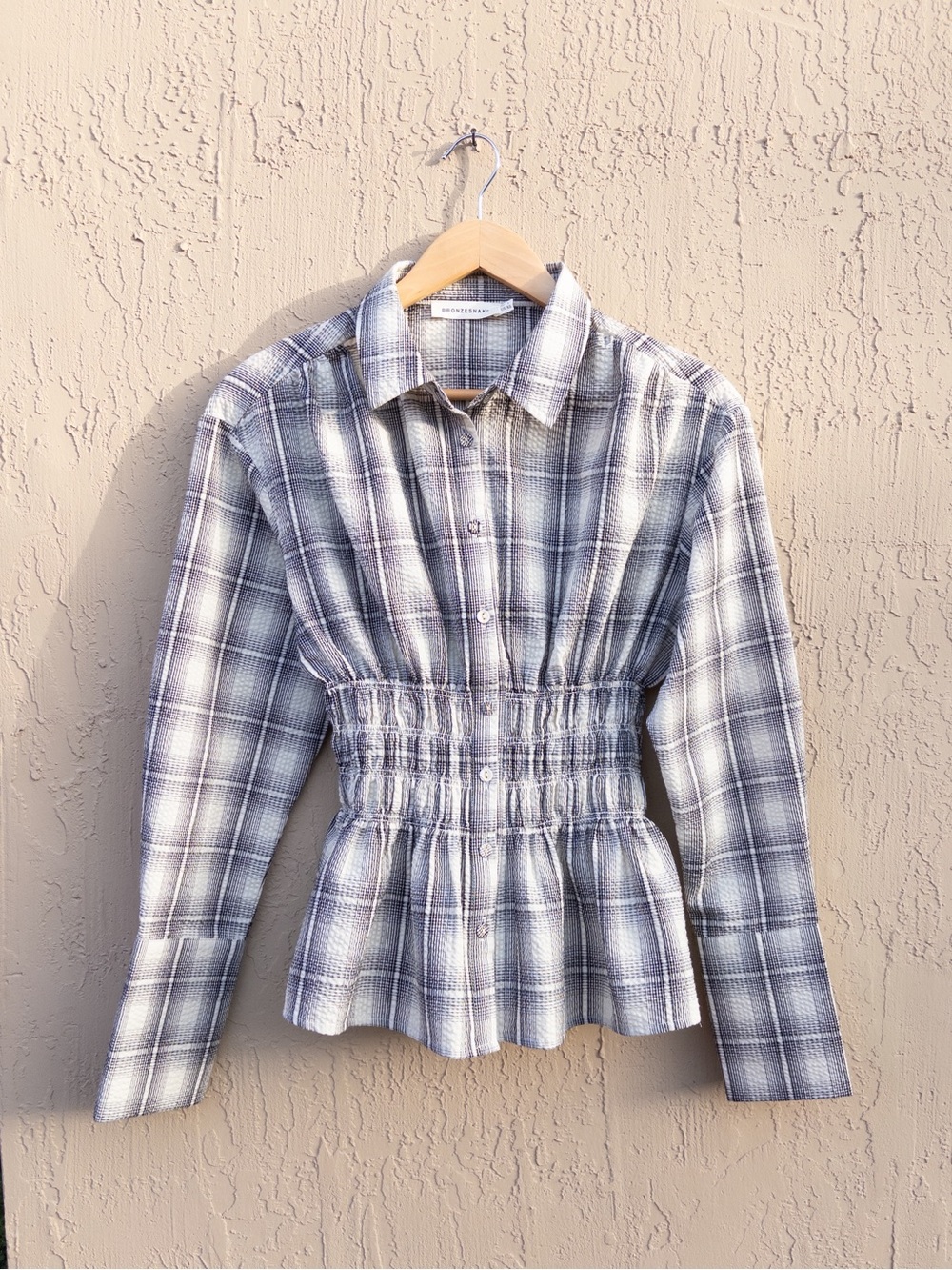 Bronze Snake Plaid Smocked Waist Peplum Button-Up Blouse | WORN ONCE | Size S